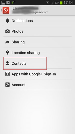 Google Plus — kontakti Settings